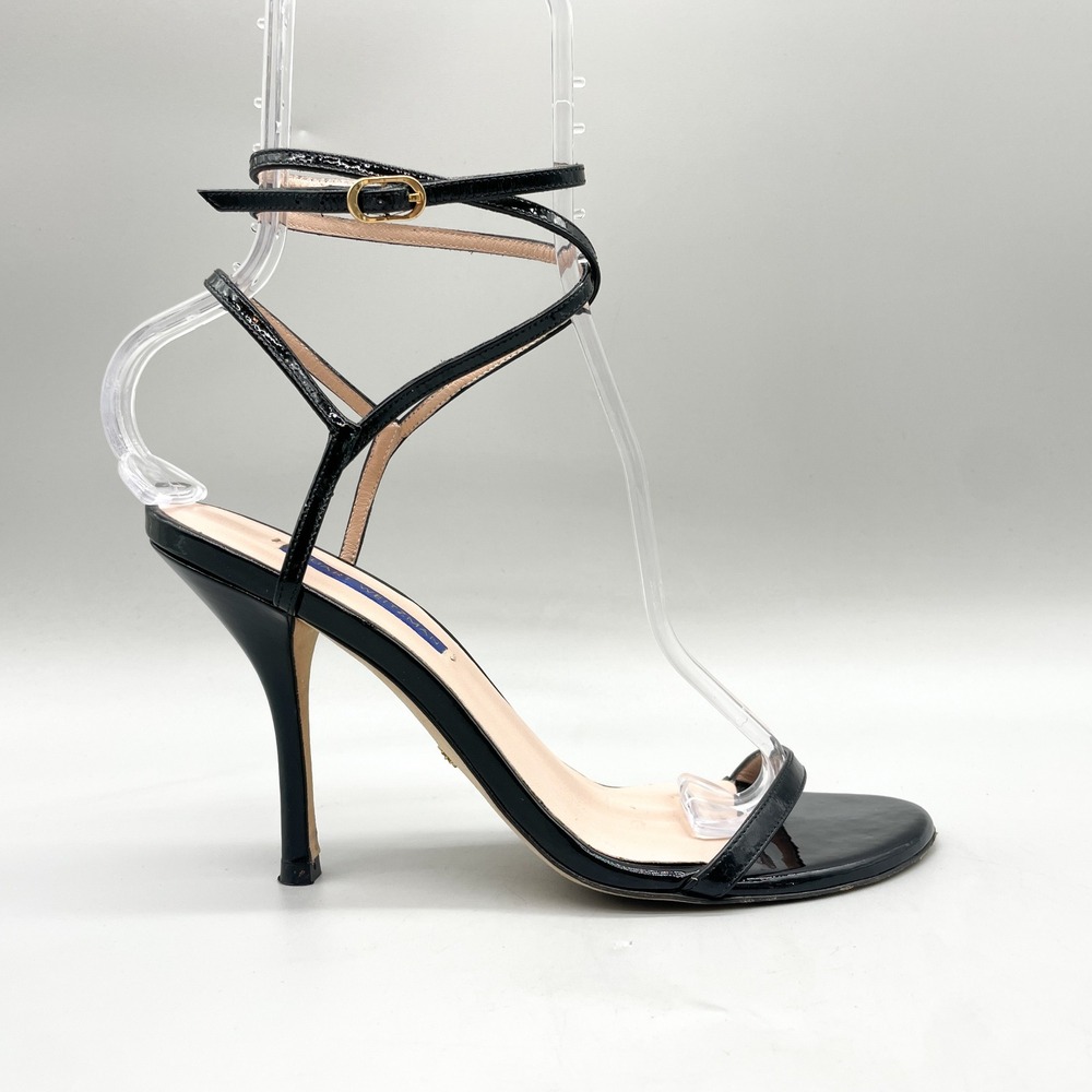 Stuart Weitzman Womens 8 Merinda Strappy Ankle Wrap Heels Black Patent Leather